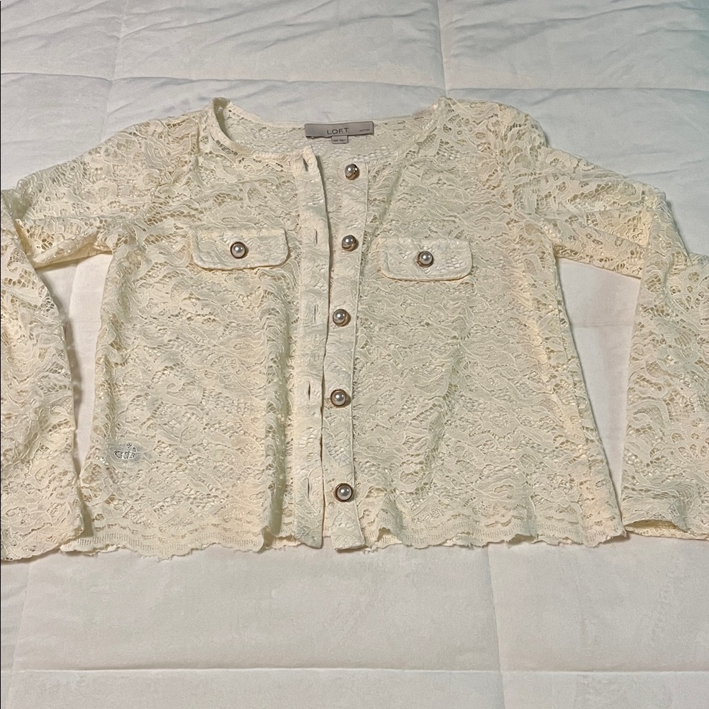 LOFT Ivory Beautiful Lace Button-Up Top XSP